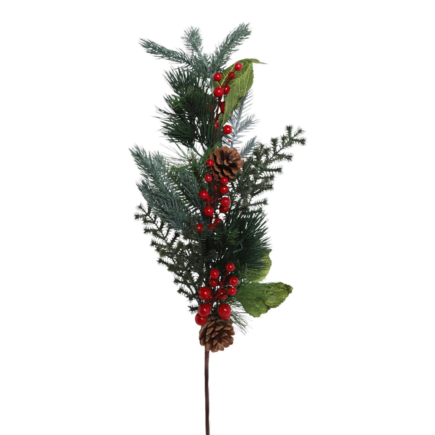 Rama Navideña con Follaje Verde y Berries Rojas y Piñas – 87 cm