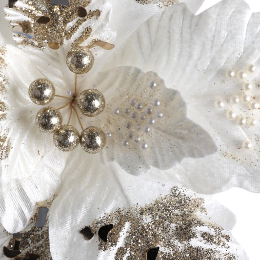 Noche Buena Decorativa Blanca con Perlas y Glitter Dorado – 38 cm