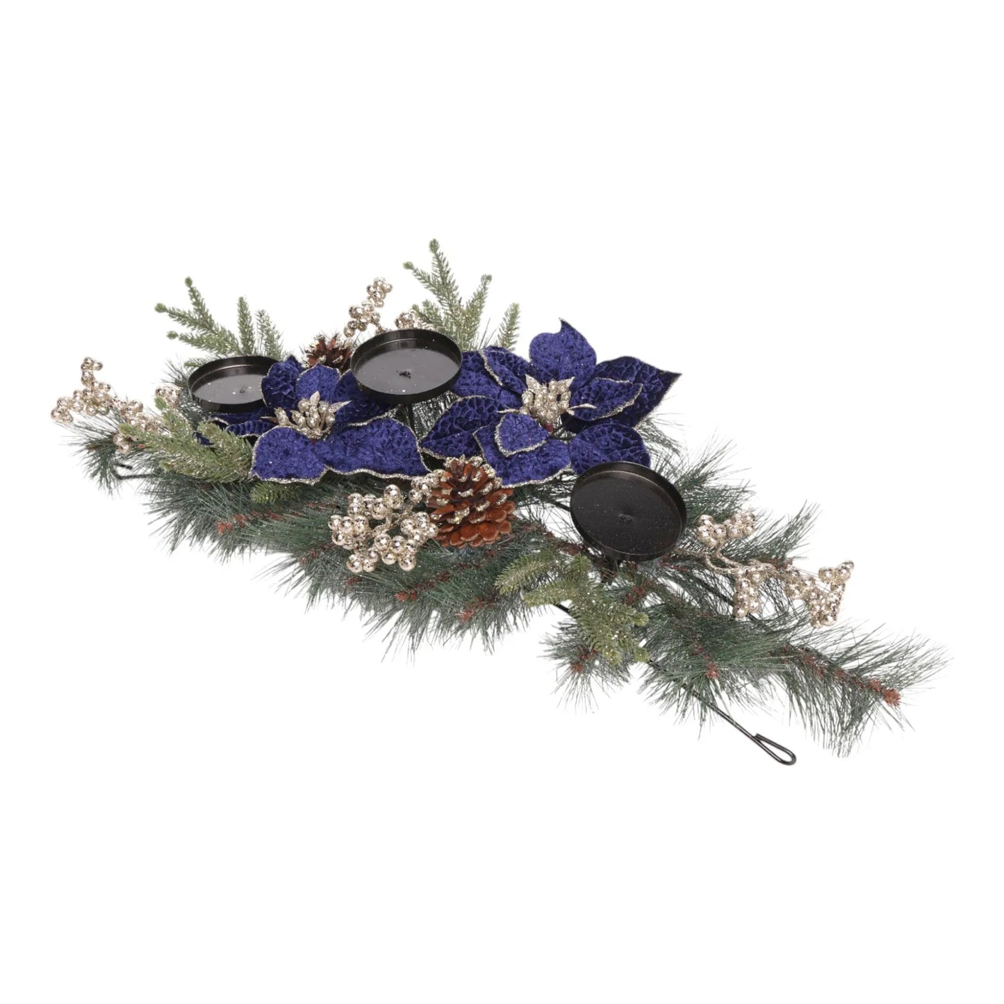 Centro de Mesa Portavela Navideño con Esferas Azul – 60 x 28 x 19 cm