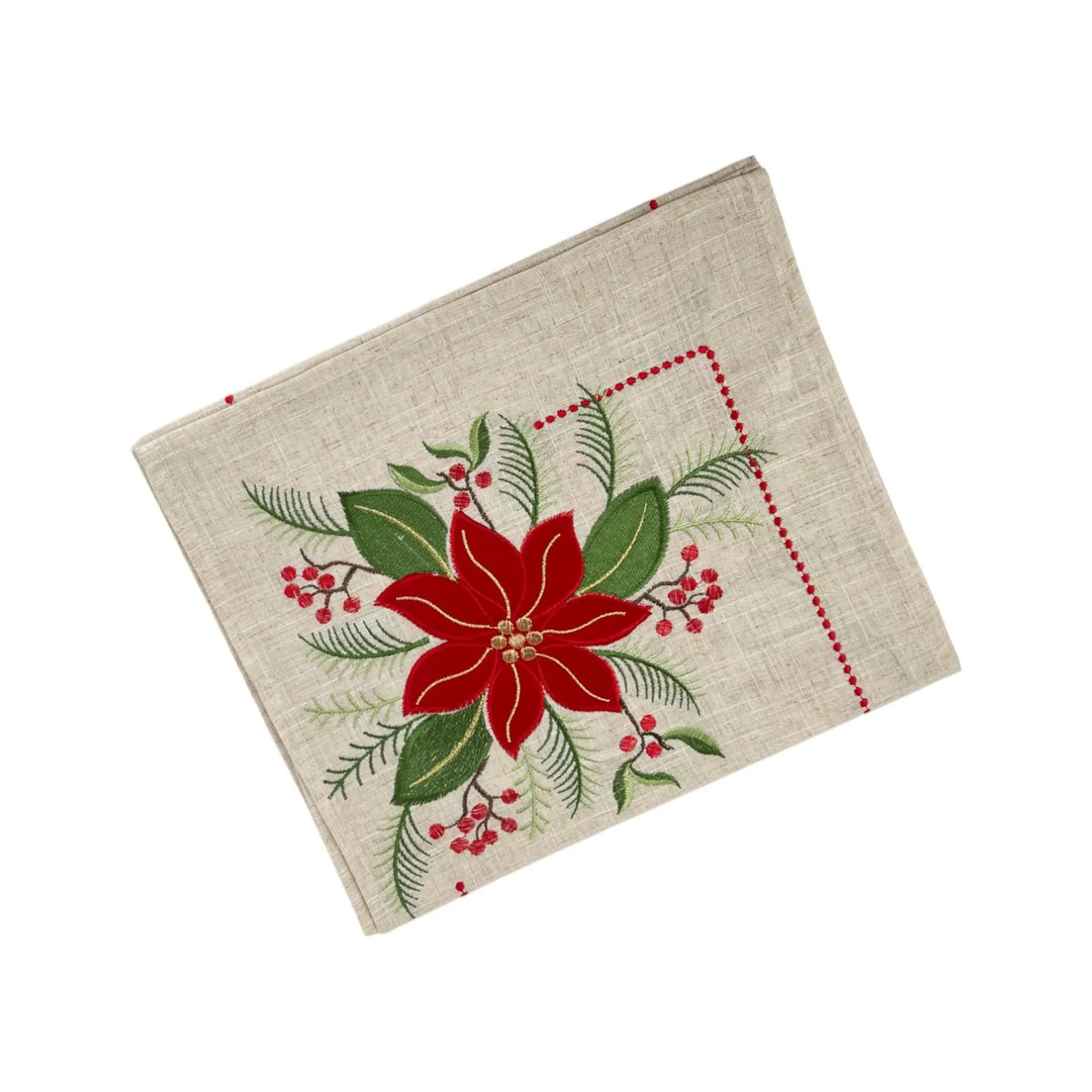 Camino de Mesa Navideño en Lino con Bordado de Nochebuena