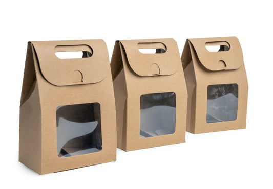 Bolsa de Papel Kraft Café con Asa y Ventana – 10 cm x 13 cm x 6 cm (Paquete de 12 unidades)