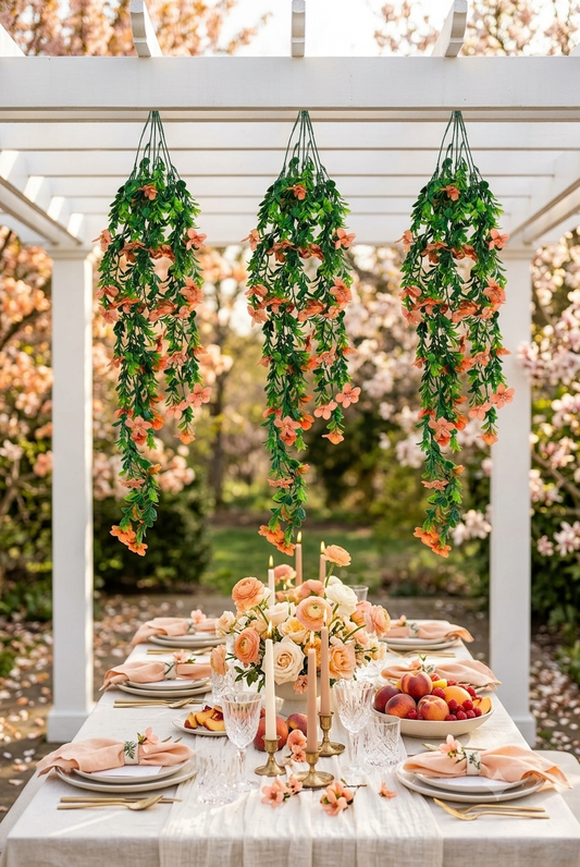 Guirnaldas colgantes artificiales con flores color durazno decorando una pérgola sobre una mesa para boda o evento al aire libre, ideales para recepciones, celebraciones y montajes florales elegantes.