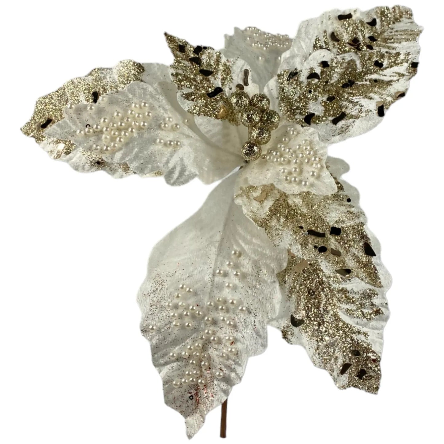 Noche Buena Decorativa Blanca con Perlas y Glitter Dorado – 38 cm