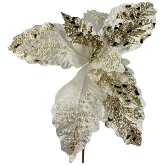 Noche Buena Decorativa Blanca con Perlas y Glitter Dorado – 38 cm