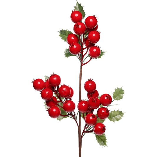 Rama Decorativa de Berries Rojas con Hojas Verdes – 62 cm