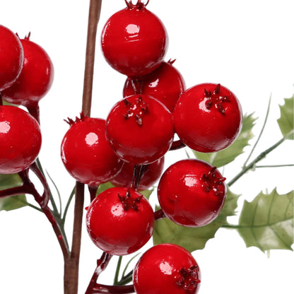 Rama Decorativa de Berries Rojas con Hojas Verdes – 62 cm