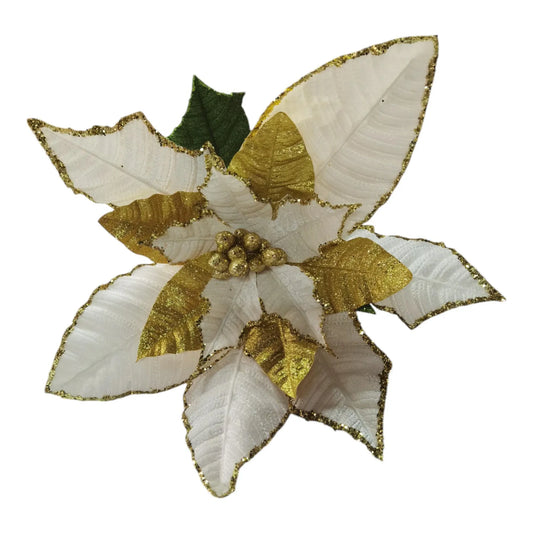 Flor Decorativa de Nochebuena Blanca con Dorado – 80 cm