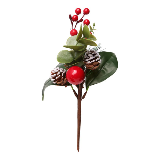Rama Decorativa con Piñas, Baya Roja y Hojas Verdes – 29 cm