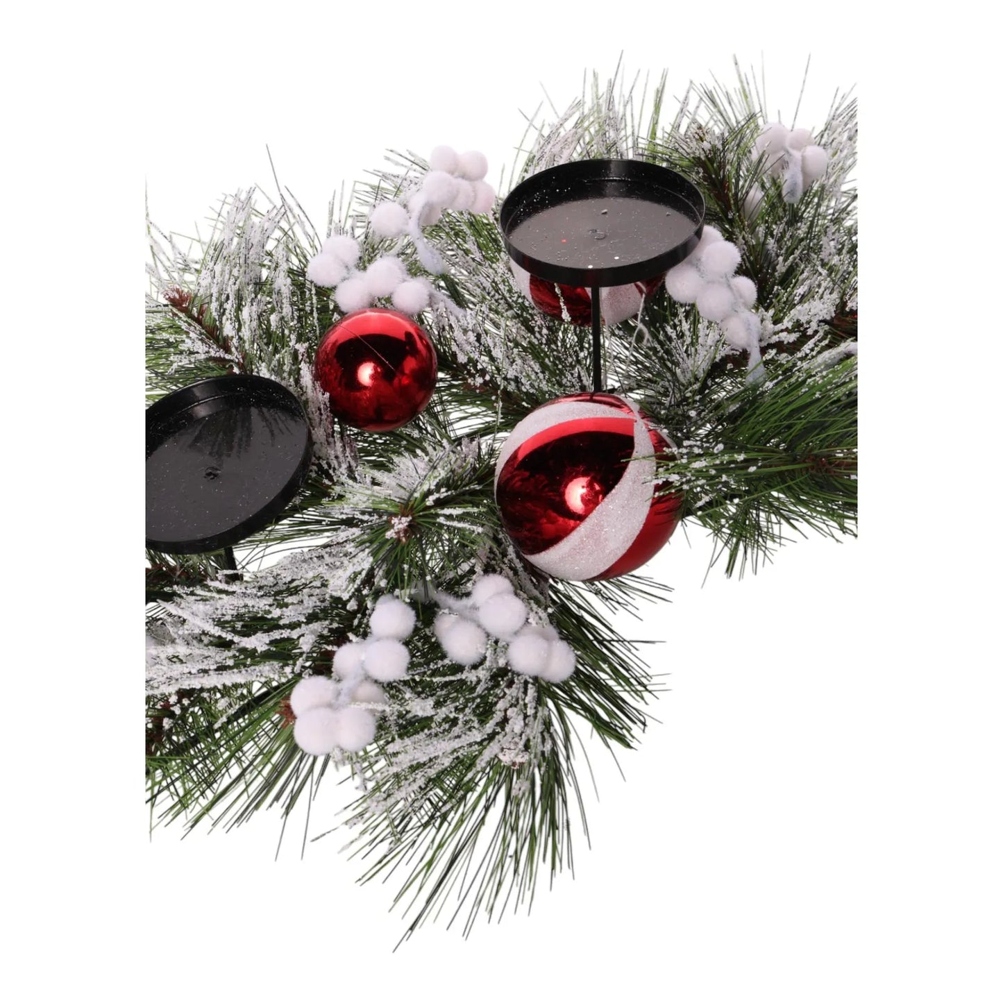 Centro de Mesa Portavela Navideño con Esferas Rojas y Nieve Artificial – 60 x 28 x 19 cm