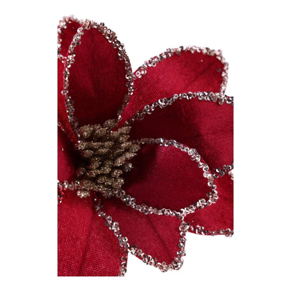 Flor Nochebuena Decorativa Roja con Detalles Plateados 24 cm x 30 cm