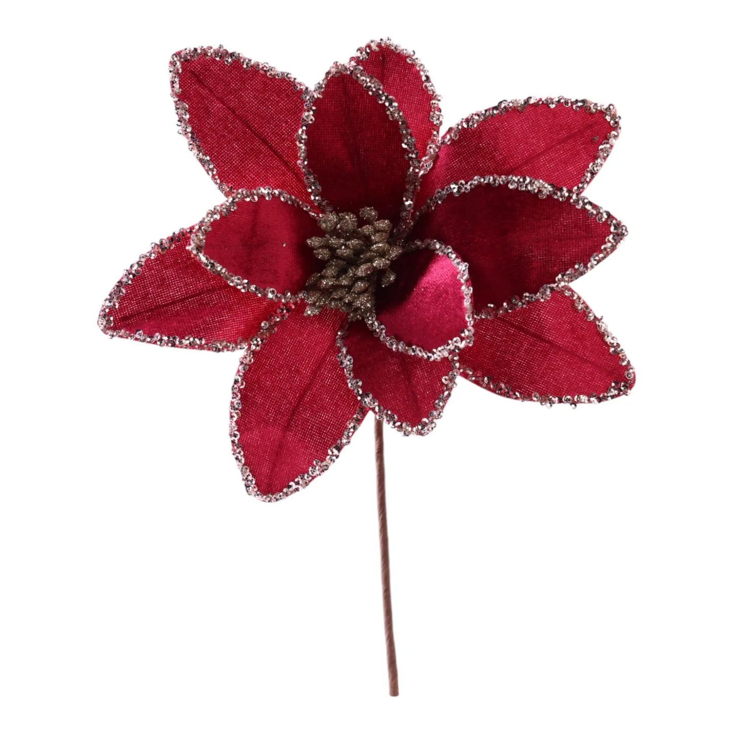 Flor Nochebuena Decorativa Roja con Detalles Plateados 24 cm x 30 cm