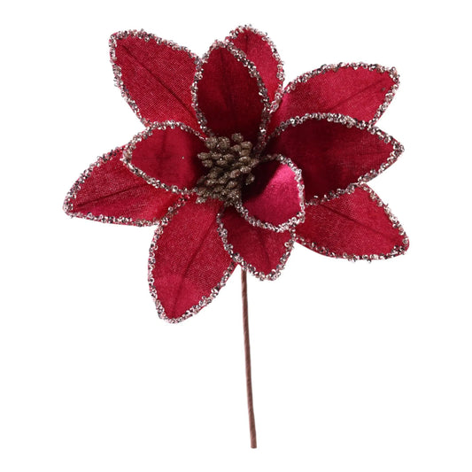 Flor Nochebuena Decorativa Roja con Detalles Plateados 24 cm x 30 cm