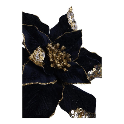 Flor Nochebuena Decorativa Azúl con detalles Dorados – 33 x 30 cm