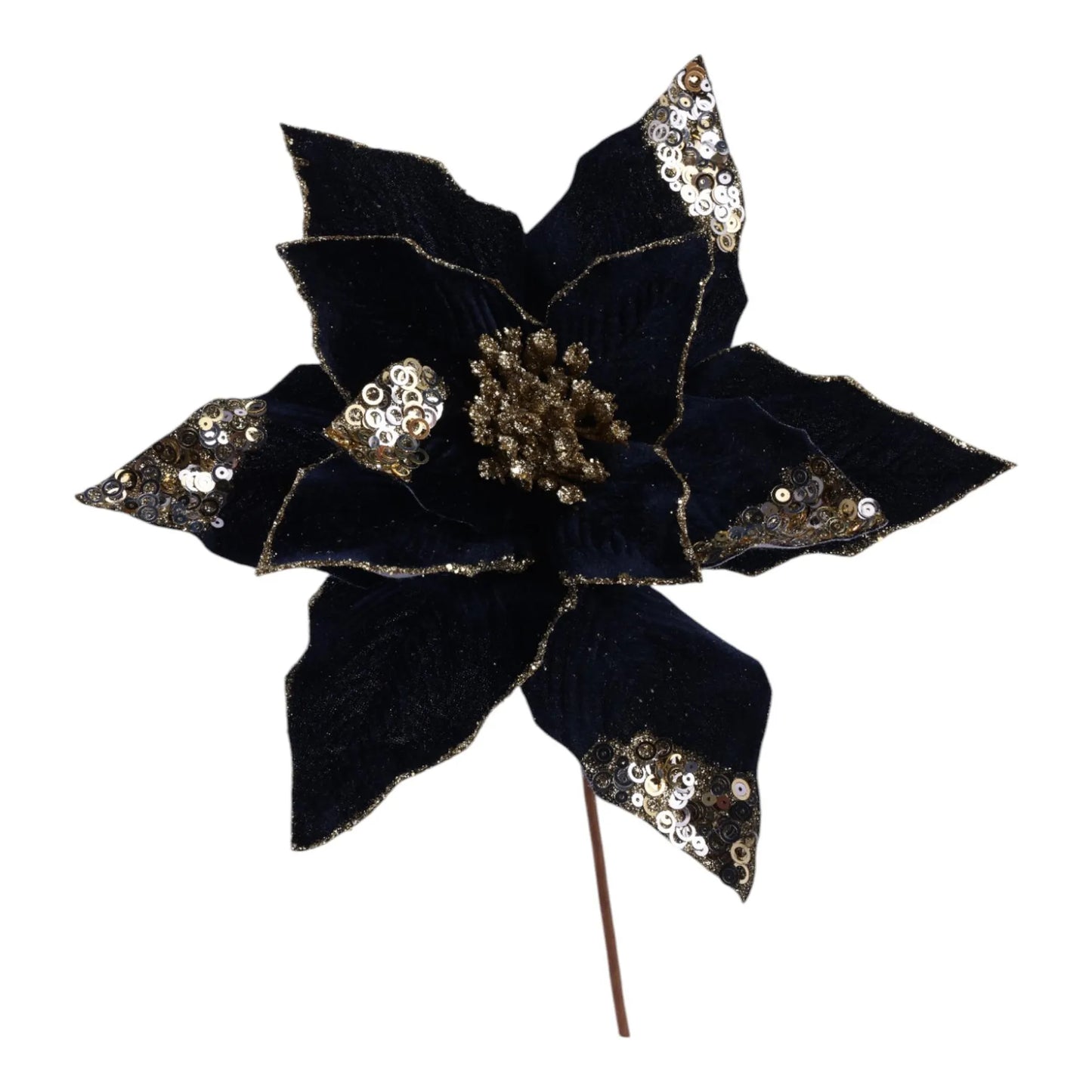 Flor Nochebuena Decorativa Azúl con detalles Dorados – 33 x 30 cm