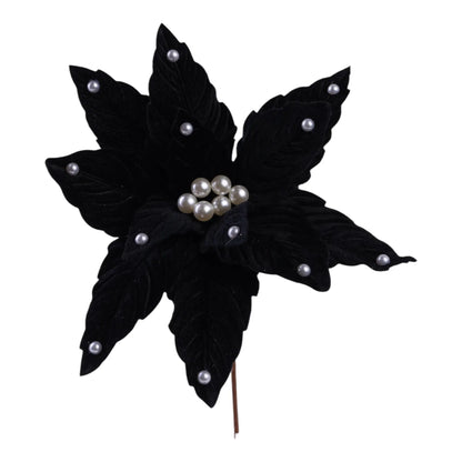 Flor Nochebuena Decorativa Negra con Perlas – 35 x 30 cm