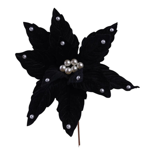 Flor Nochebuena Decorativa Negra con Perlas – 35 x 30 cm