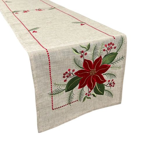Camino de Mesa Navideño en Lino con Bordado de Nochebuena
