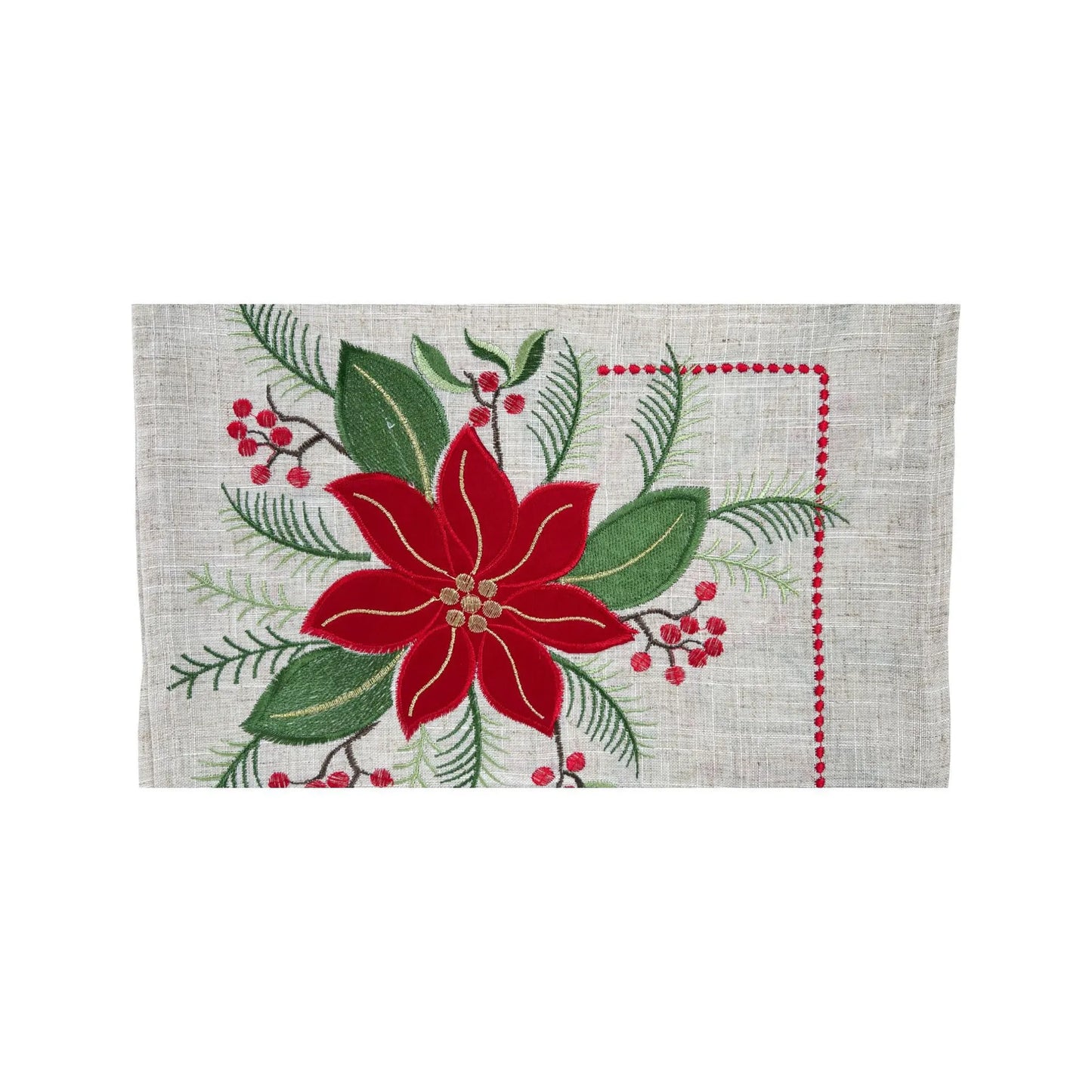 Camino de Mesa Navideño en Lino con Bordado de Nochebuena