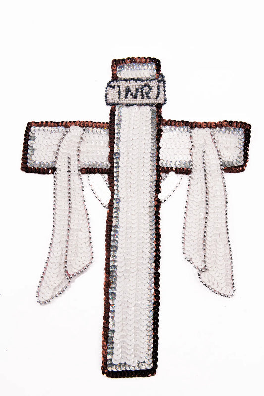 Aplicación de Lentejuelas Cruz Decorativa Blanca con Detalles Metálicos | Ideal para Ropa, Manualidades y Proyectos DIY