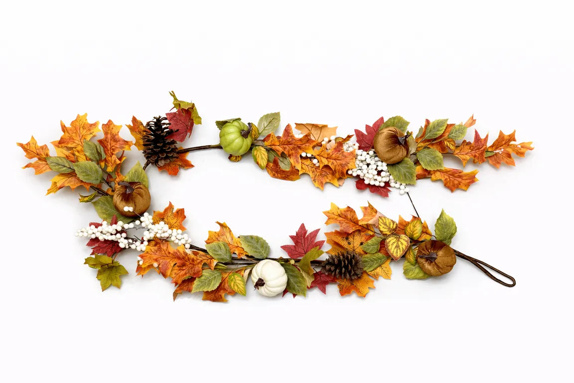 Guirnalda otoñal decorativa con hojas, piñas y calabazas de 1.55 m