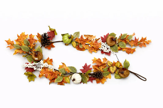 Guirnalda otoñal decorativa con hojas, piñas y calabazas de 1.55 m