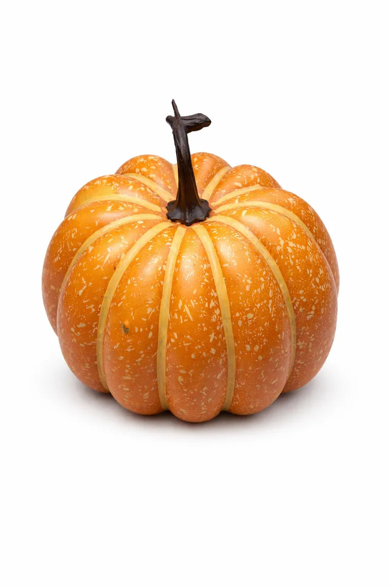 Calabaza decorativa naranja con detalles dorados de 17 cm