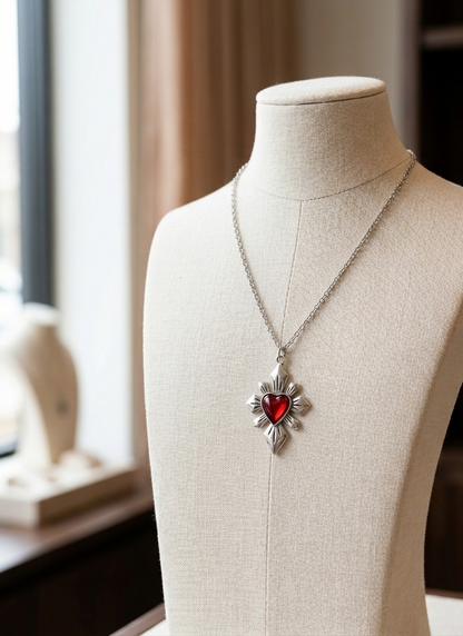 Dije Corazón Sagrado de Metal Plateado con Esmalte Rojo | Ideal para Joyería, Accesorios y Proyectos Creativos