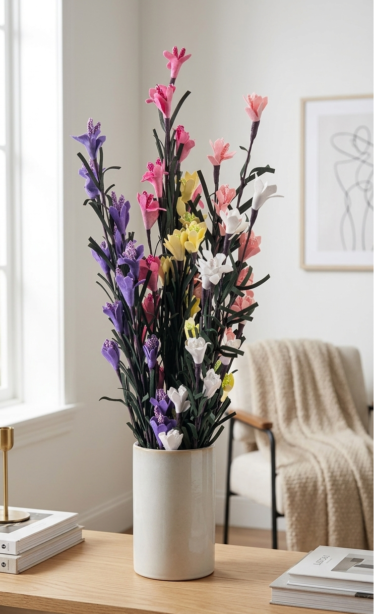 Vara Decorativa con Follaje y Flor Artificial Amarilla 70 cm | Ideal para Arreglos Florales y Decoración Interior