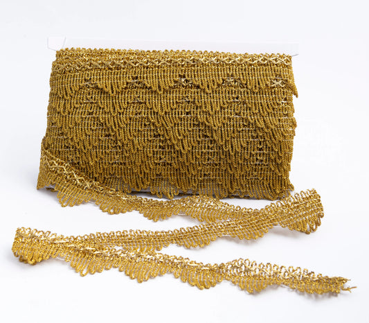Galón Metálico Dorado con Diseño de Fleco Pico 3.5 cm de Ancho – Rollo de 18 Metros
