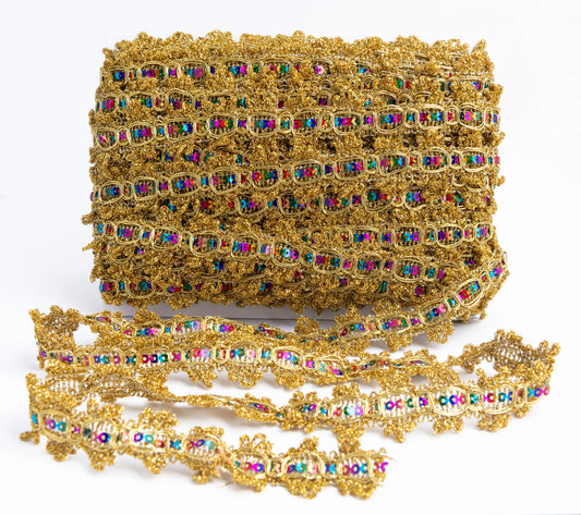 Galón Metalizado Dorado con Lentejuela Multicolor 27 mm Ancho – Rollo de 27 m