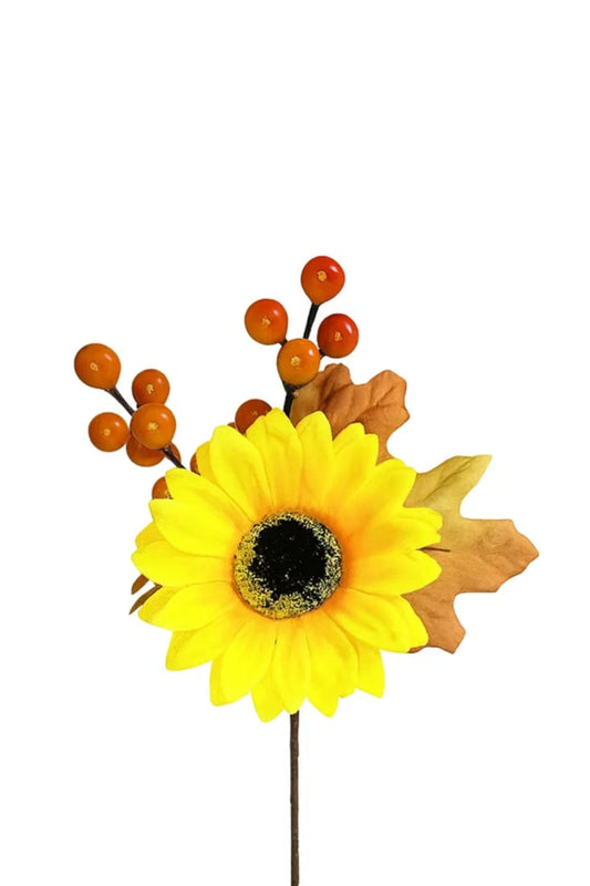 Pick Decorativo de Girasol 17 cm – Mini Ramo Artificial con Fruta Otoñal y Hoja Decorativa