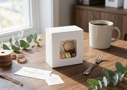 Caja de cartón blanca con ventana transparente para galletas, macarons y chocolates, ideal para regalos, repostería y detalles para eventos.