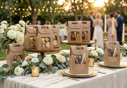 Cajas de cartón kraft con ventana transparente utilizadas como recuerdos para boda sobre una mesa decorada con flores blancas y velas.