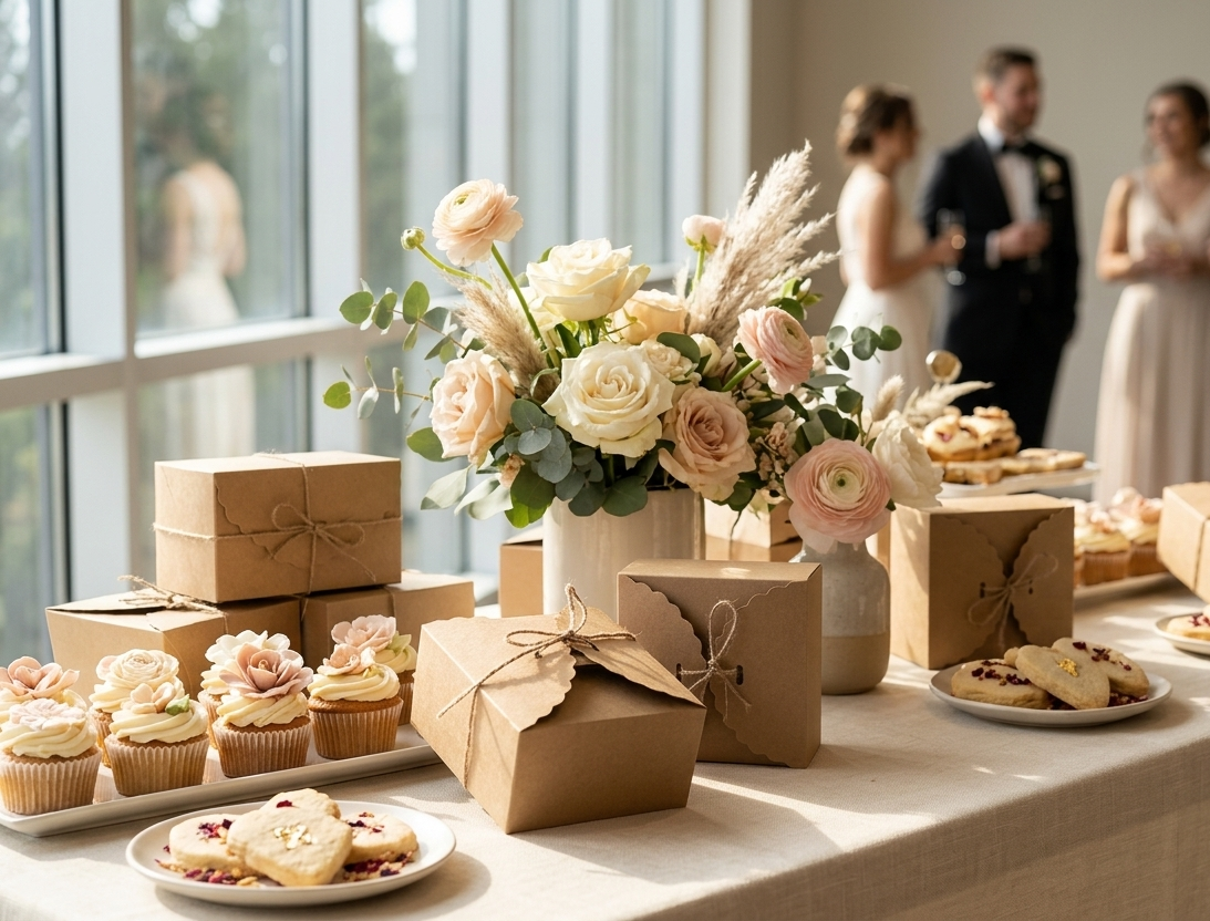 Cajas de papel kraft blanco de 8.5 × 8.5 × 4 cm utilizadas para presentar recuerdos y regalos en una mesa de postres para boda o evento, junto a arreglos florales y repostería.