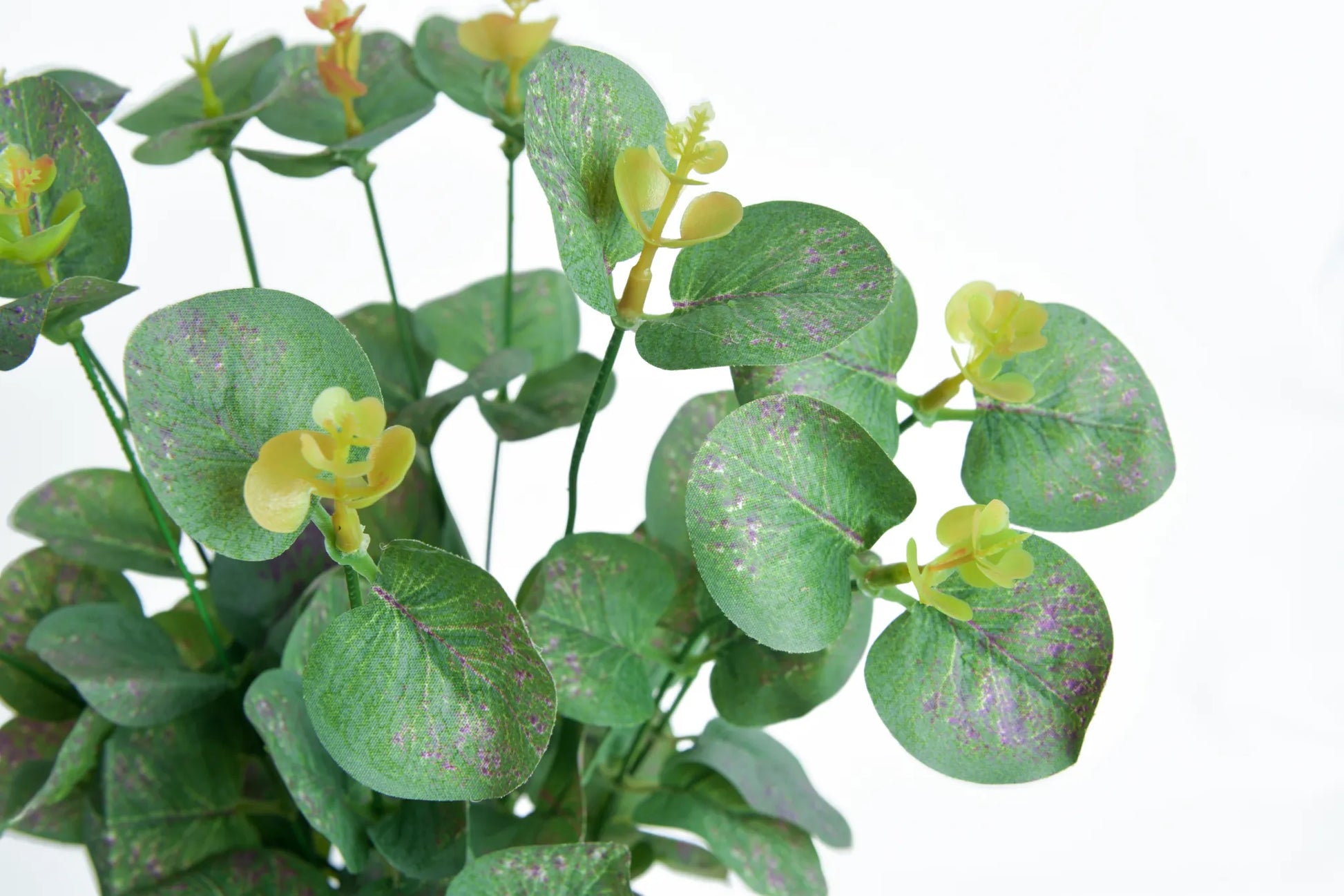 Detalle rama de eucalipto artificial verde con hojas redondeadas y brotes amarillos, ideal para arreglos florales, centros de mesa, bodas, eventos y decoración de interiores.