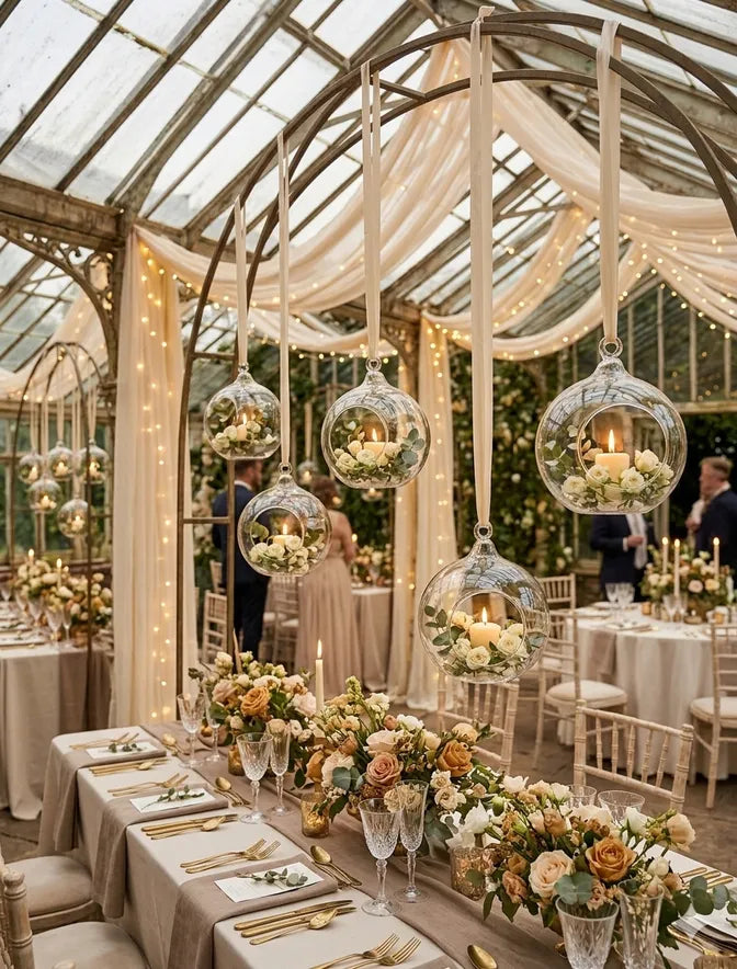 Florero colgante de vidrio transparente tipo terrario utilizado como decoración suspendida con velas y flores en un evento elegante.