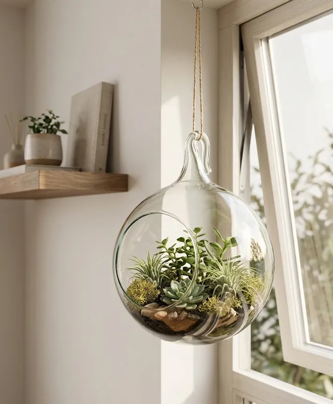 Florero colgante de vidrio transparente tipo terrario con suculentas y plantas decorativas suspendido junto a una ventana.