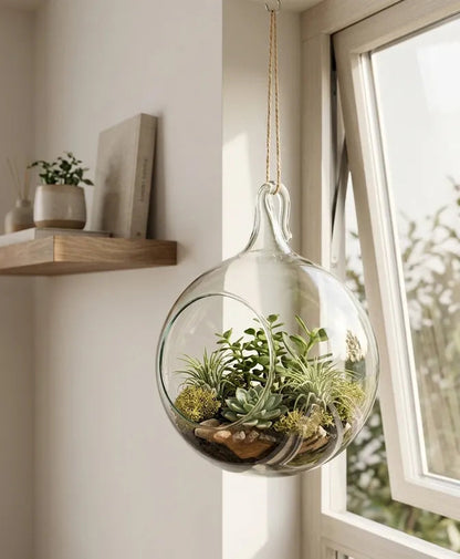 Florero colgante de vidrio transparente tipo terrario con suculentas y plantas decorativas suspendido junto a una ventana.