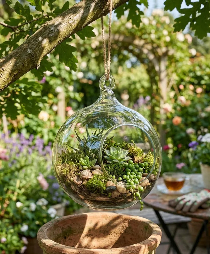 Florero colgante de vidrio transparente tipo terrario con suculentas colgado en un jardín como elemento decorativo.