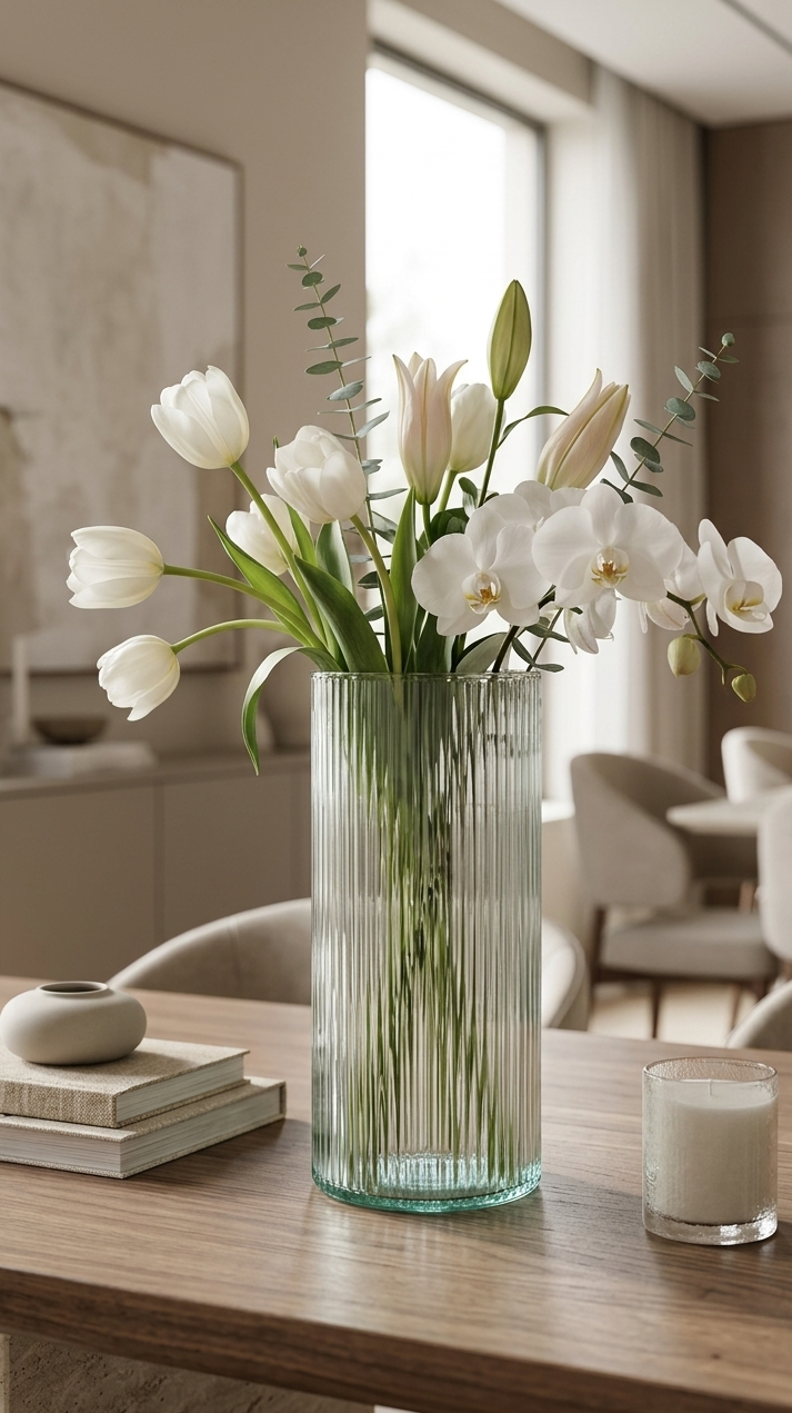 Florero cilindro rayado de vidrio transparente de 15x30 cm con un arreglo de tulipanes blancos, orquídeas, lirios y eucalipto sobre una mesa en una sala moderna.