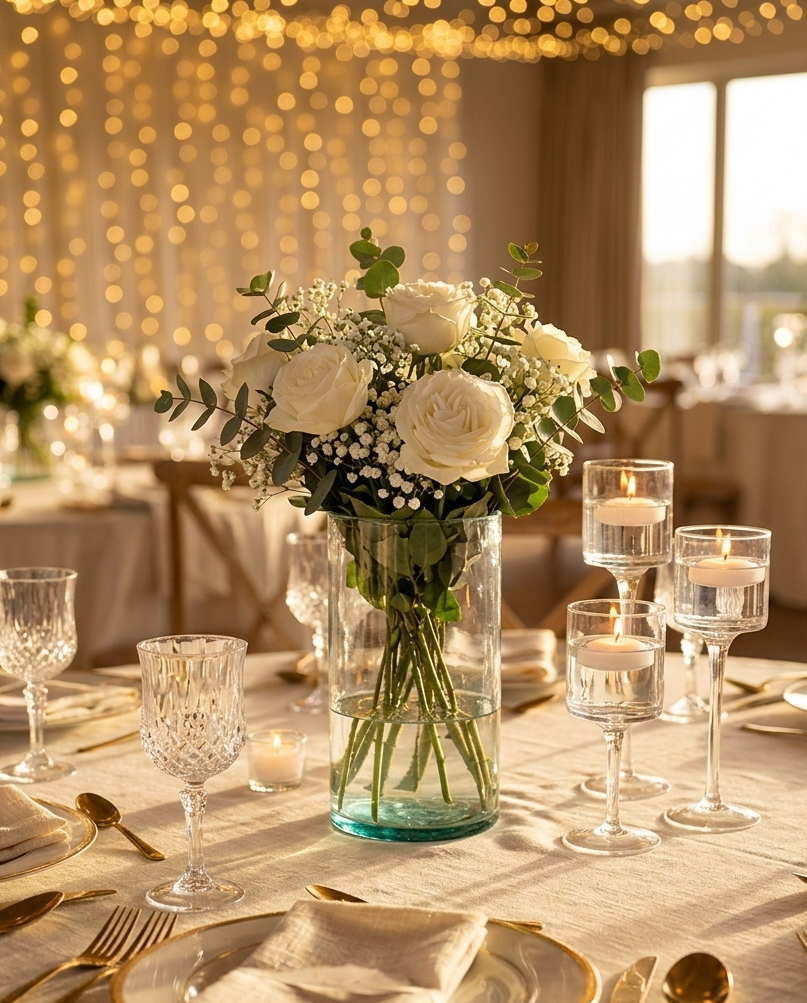 Florero cilindro de vidrio transparente de 12.5x20 cm con un arreglo de rosas blancas, nube y eucalipto como centro de mesa para un evento con velas decorativas.