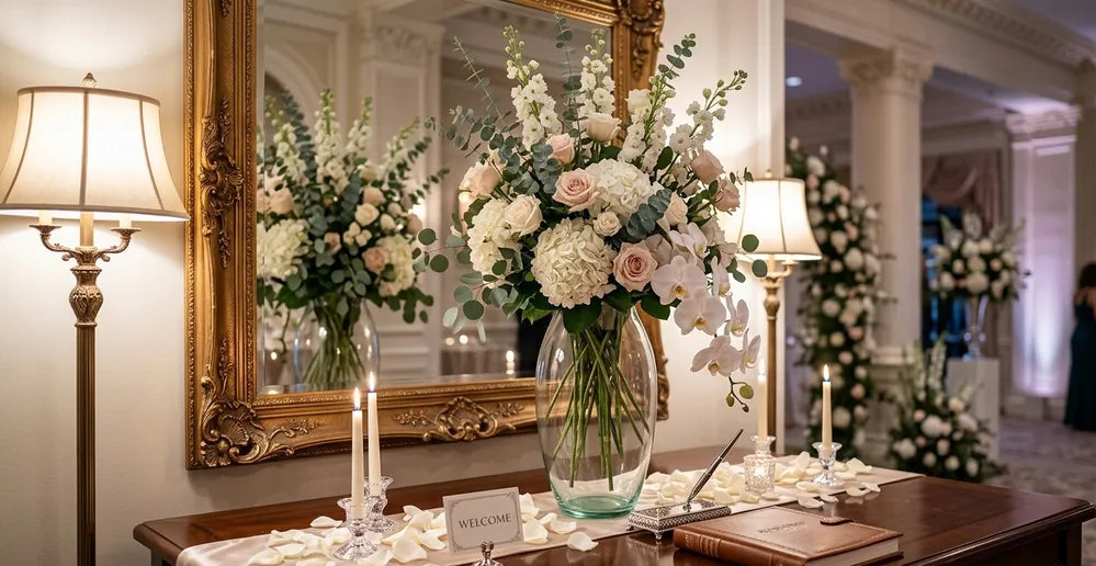 Florero de vidrio Medellín transparente 16x25 cm con arreglo de rosas blancas, hortensias y eucalipto como centro de mesa para boda al aire libre.
