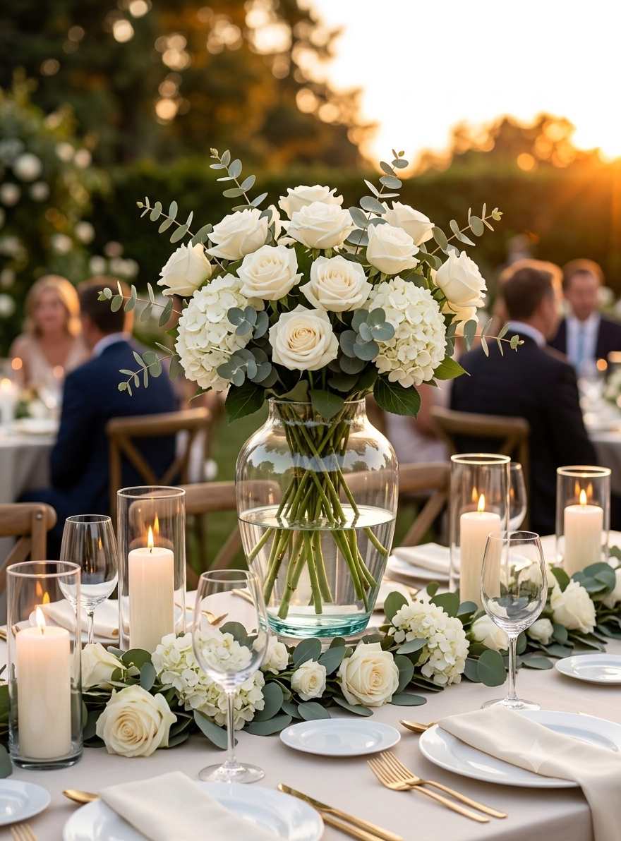 Florero de vidrio Medellín transparente 16x25 cm con rosas blancas, hortensias y eucalipto como centro de mesa en una recepción de boda al aire libre.