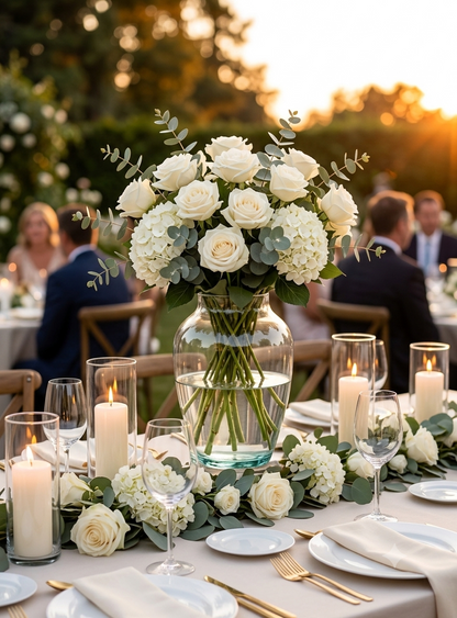 Florero de vidrio Medellín transparente 16x25 cm con rosas blancas, hortensias y eucalipto como centro de mesa en una recepción de boda al aire libre.