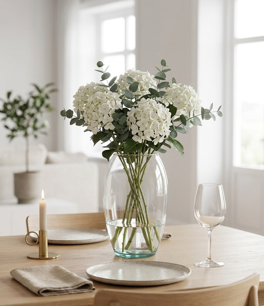 Florero de vidrio Medellín transparente 16x25 cm con hortensias blancas y eucalipto sobre una mesa de comedor en un espacio moderno con decoración minimalista.