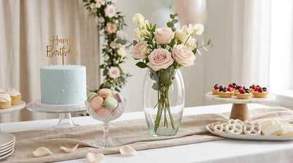 Florero de vidrio Medellín transparente 16x25 cm con rosas en tonos pastel como decoración para mesa de postres en una fiesta de cumpleaños.