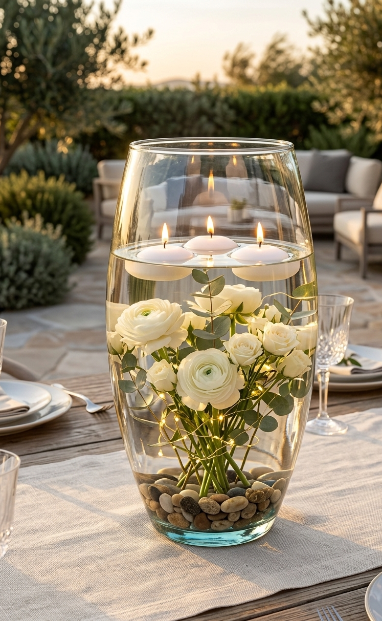 Florero de vidrio óvalo transparente decorado con flores blancas, velas flotantes y piedras naturales como centro de mesa para eventos al aire libre