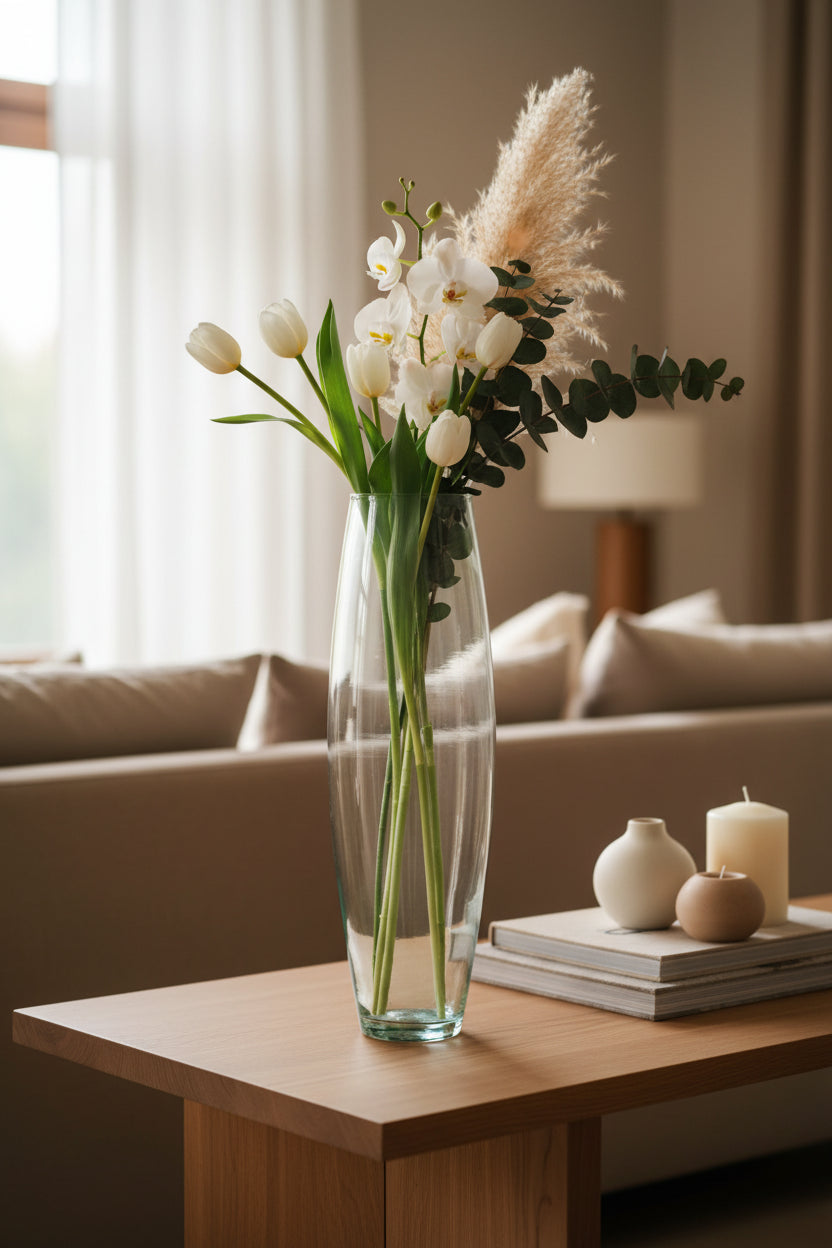 Florero de vidrio óvalo transparente de 14x47 cm con arreglo de tulipanes blancos, orquídeas, eucalipto y pasto pampas sobre una mesa de sala moderna.