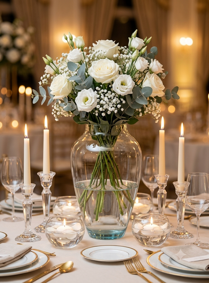 Florero de vidrio óvalo transparente con un arreglo de rosas blancas, lisianthus, nube y eucalipto como centro de mesa para un evento elegante con velas.