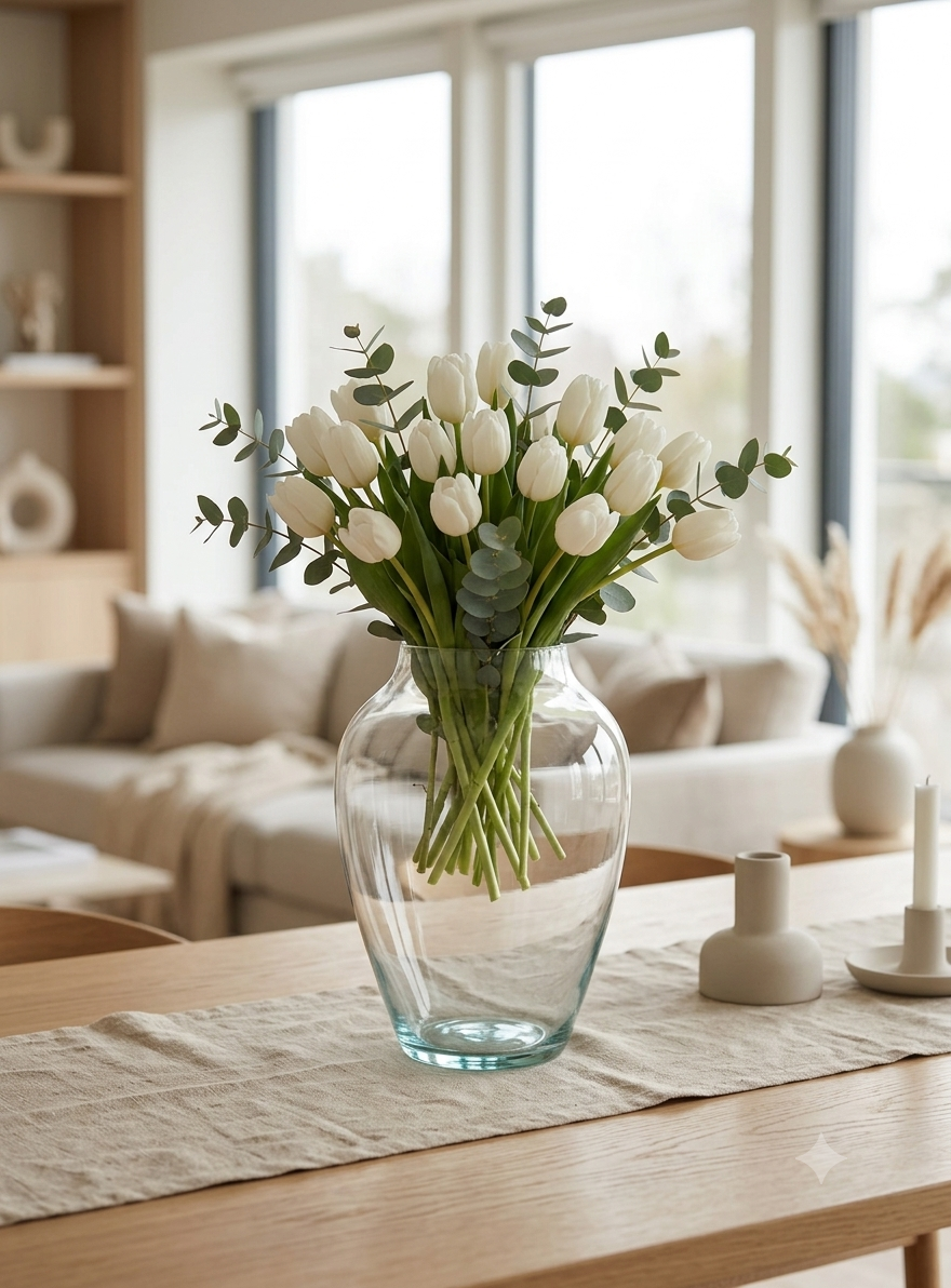 Florero de vidrio óvalo transparente con un arreglo de tulipanes blancos y eucalipto sobre una mesa en una sala moderna.